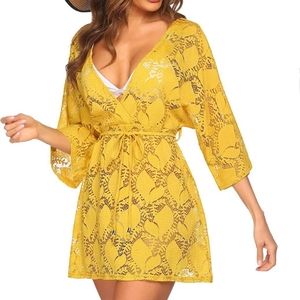 Goldenrod Yellow Lace Beach Swimsuit Cover Up Tropical Pattern
